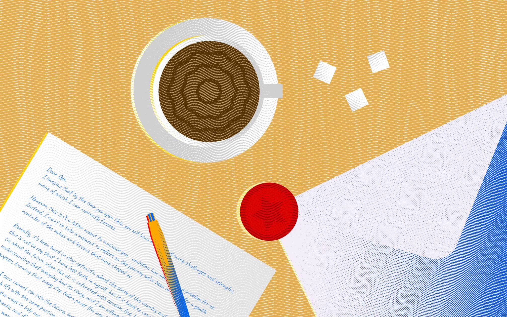 The image depicts a stylized top-down view of a desk with several items on it, including: A cup of coffee on a saucer, with a spoon resting on the edge. An envelope, partially obscured by a letter. A letter, partially visible with some text on it. A pen lying on the letter. A red wax seal. The text on the letter begins with "Dear Ope," and appears to be written in blue ink. The background is a patterned surface with a light orange or tan color. There are also three sugar cubes scattered near the coffee cup.