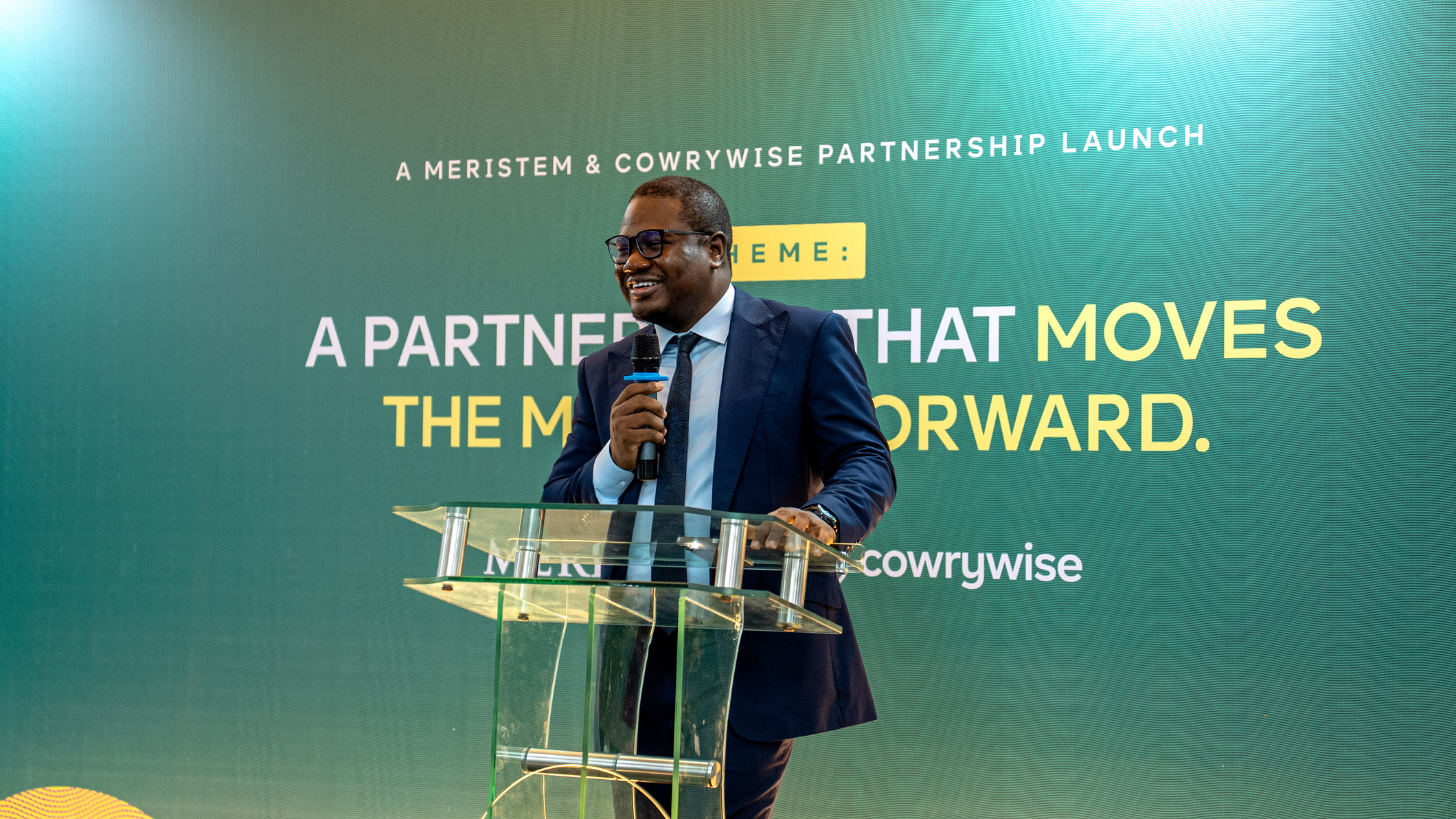 Razaq Ahmed speaks at the Cowrywise and Meristem Press Event.