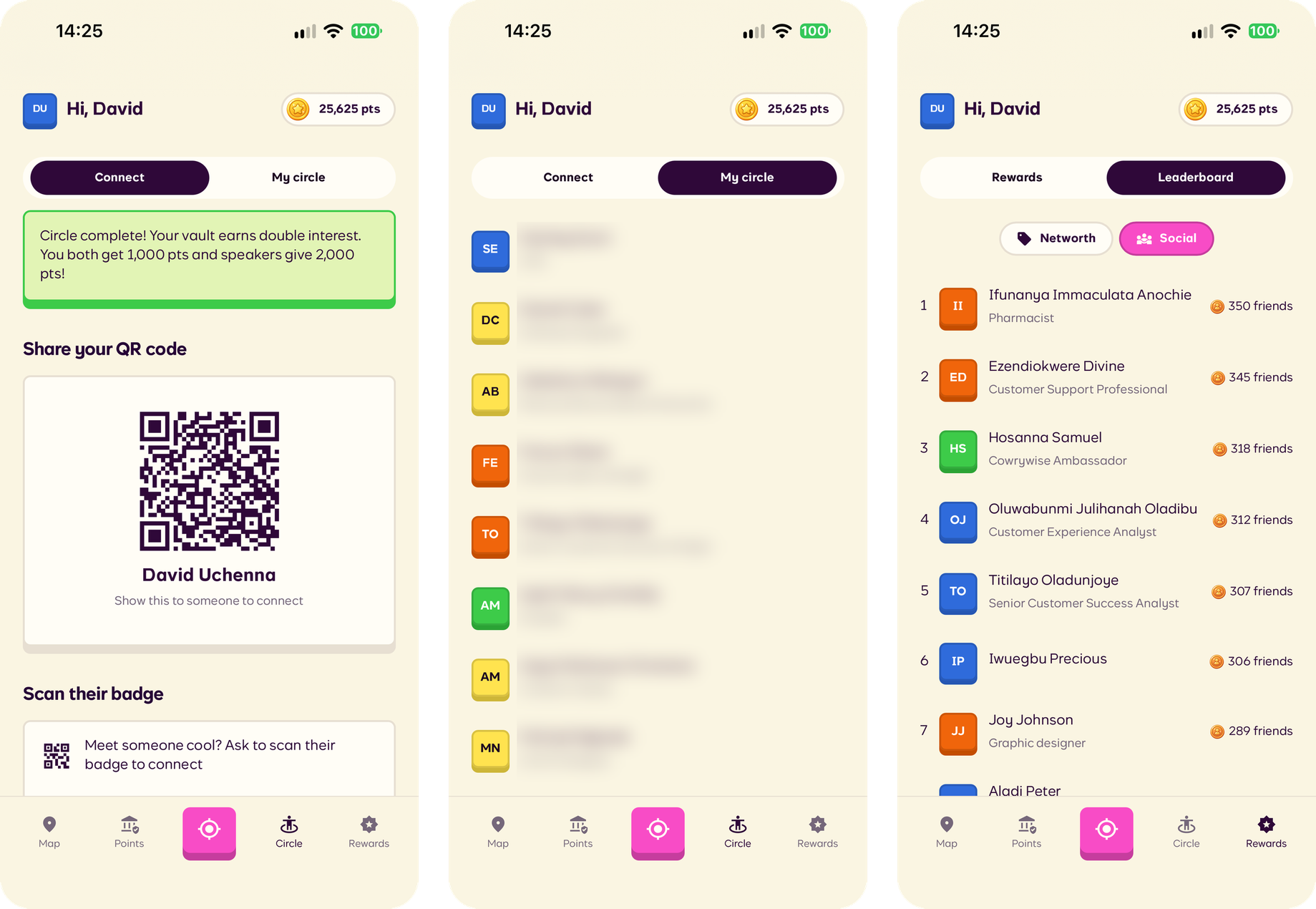 CoinQuest connect QR code, my circle, and the social leaderboard
