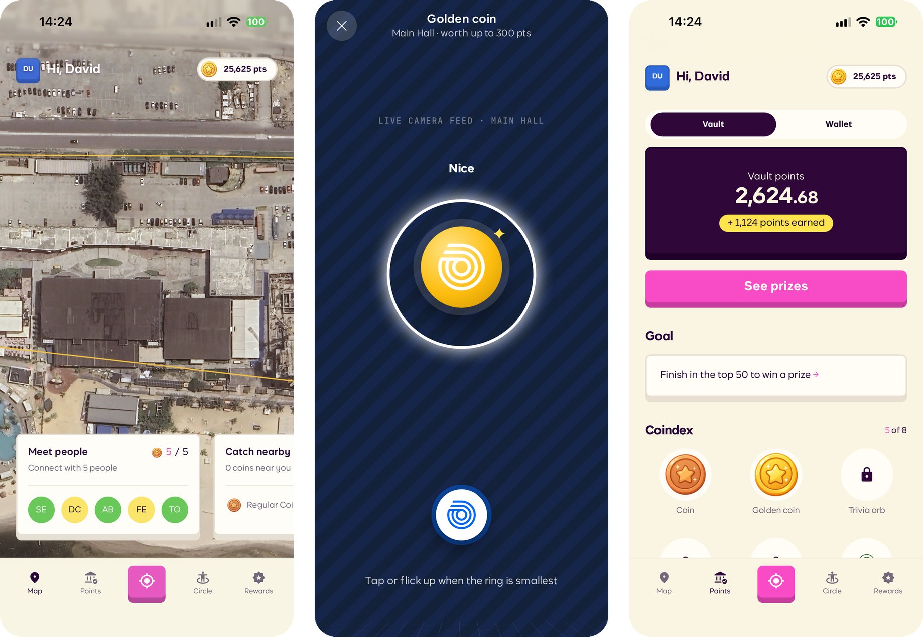 CoinQuest venue map, catching a golden coin, and the vault