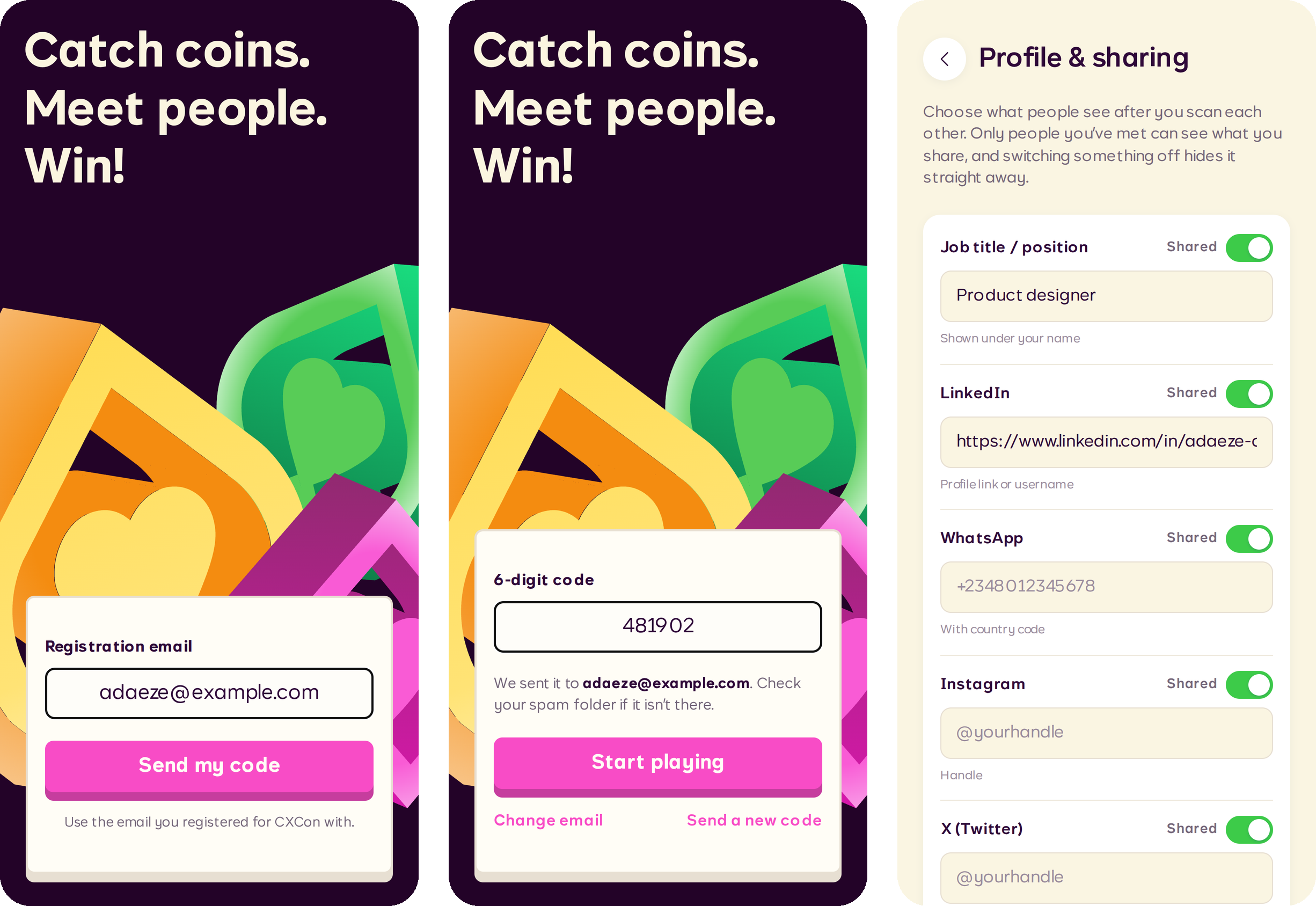 CoinQuest sign-in: registration email, 6-digit code, profile setup
